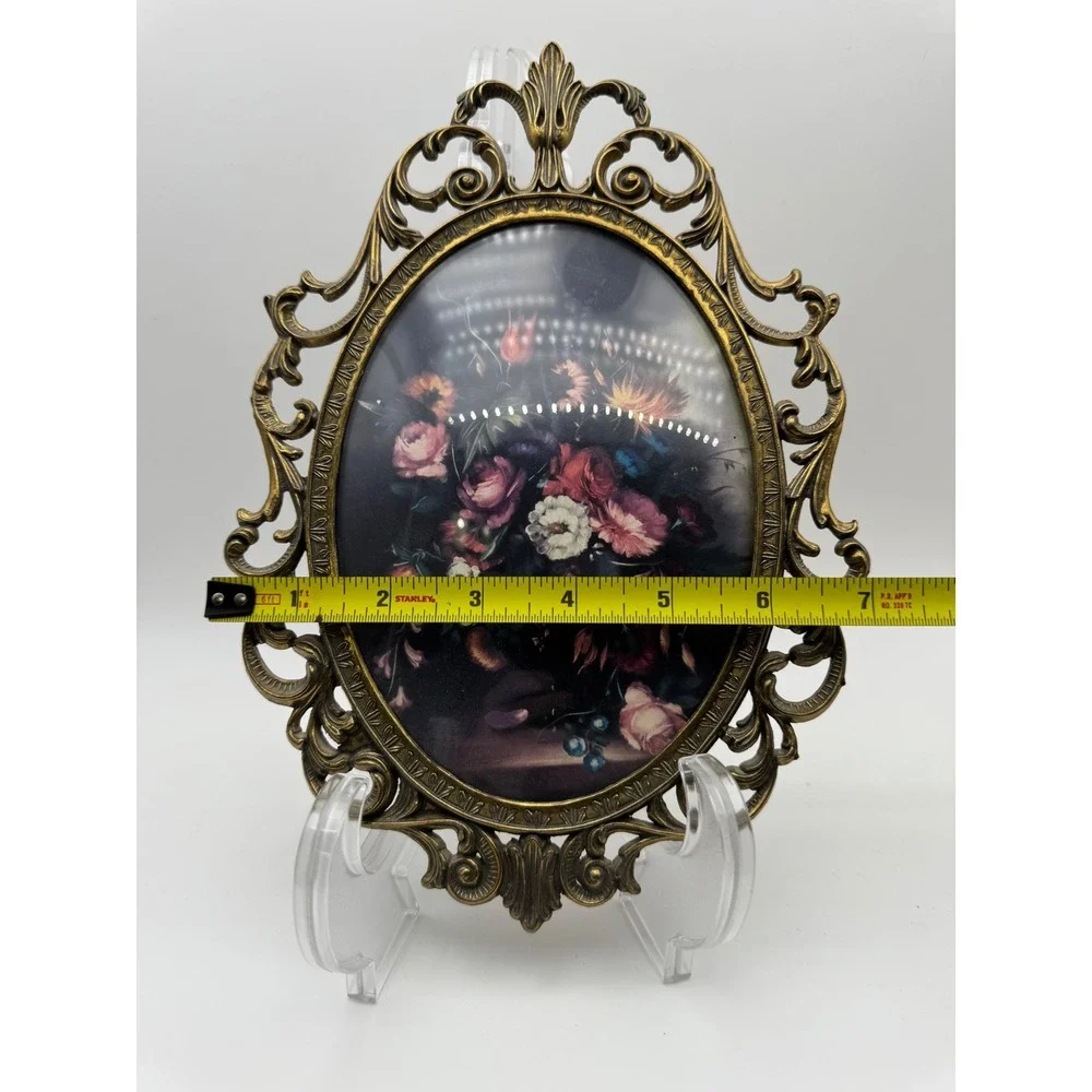 Vintage Italy Brass Ornate Floral Print Oval Frames Convex Glass Set of 2